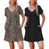 image:imageEkouaer Womens 2 Pack Nightgown V Neck Sleepshirt Short Sleeve Nightshirt Soft Sleep Dress with PocketsLeopardblack