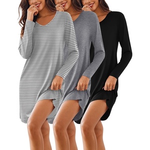 image:imageEkouaer 3 Pack Womens Nightgowns Long Sleeve Sleep Shirts Comfy Soft Nightshirt Women Pajama Sleep Dress Cute SleepwearBlack grey strip