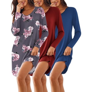 image:imageEkouaer 3 Pack Womens Nightgowns Long Sleeve Sleep Shirts Comfy Soft Nightshirt Women Pajama Sleep Dress Cute SleepwearBlack wine Red grey Flowers