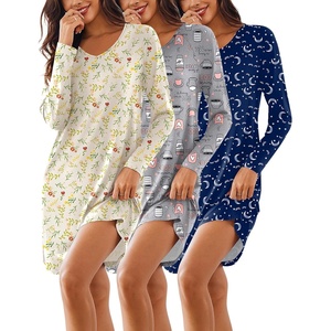 image:imageEkouaer 3 Pack Womens Nightgowns Long Sleeve Sleep Shirts Comfy Soft Nightshirt Women Pajama Sleep Dress Cute SleepwearFlower penguin deep Night