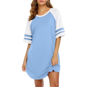 image:imageEkouaer Cotton Nightgowns for Women Short Sleeve Sleep Shirts Crew Neck Night Shirts Soft Color Block Night GownLight Blue