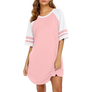 image:imageEkouaer Cotton Nightgowns for Women Short Sleeve Sleep Shirts Crew Neck Night Shirts Soft Color Block Night GownPink