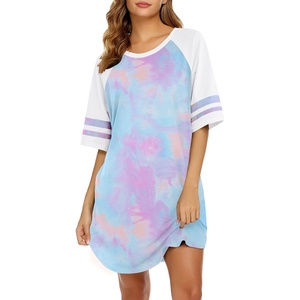image:imageEkouaer Cotton Nightgowns for Women Short Sleeve Sleep Shirts Crew Neck Night Shirts Soft Color Block Night GownTie Dye