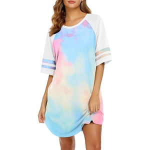 image:imageEkouaer Cotton Nightgowns for Women Short Sleeve Sleep Shirts Crew Neck Night Shirts Soft Color Block Night GownTie Dye Pink