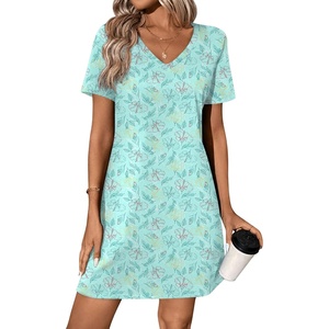 image:imageEkouaer Cotton Nightgowns for Women Short Sleeve Womens Nightgown V Neck Sleep Shirts for Women Soft Sleepwear SXXXLBlue Leaf