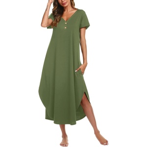 image:imageEkouaer Long Nightgowns for Women Button Night Gowns Short Sleeve Sleepwear Full Length Sleep Shirts With Pockets S2XLArmy Green