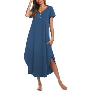image:imageEkouaer Long Nightgowns for Women Button Night Gowns Short Sleeve Sleepwear Full Length Sleep Shirts With Pockets S2XLNavy