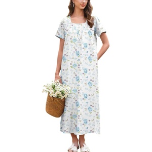 image:imageEkouaer Long Nightgowns for Women Cotton Nightgown Short Sleeve Sleepdress with Pockets Full Length SleepshirtBlue Flower