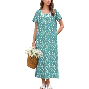 image:imageEkouaer Long Nightgowns for Women Cotton Nightgown Short Sleeve Sleepdress with Pockets Full Length SleepshirtGreen White Flower
