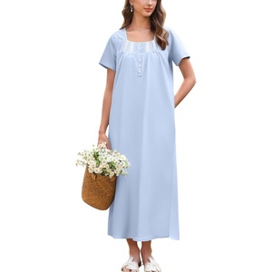 image:imageEkouaer Long Nightgowns for Women Cotton Nightgown Short Sleeve Sleepdress with Pockets Full Length SleepshirtLight Blue