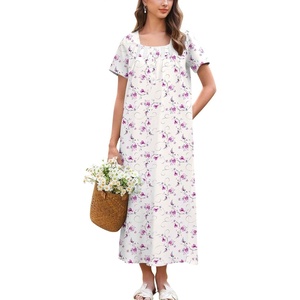 image:imageEkouaer Long Nightgowns for Women Cotton Nightgown Short Sleeve Sleepdress with Pockets Full Length SleepshirtPurple Line Florals