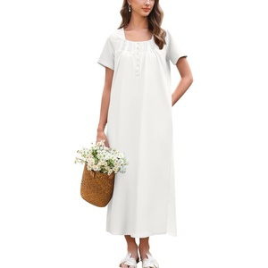 image:imageEkouaer Long Nightgowns for Women Cotton Nightgown Short Sleeve Sleepdress with Pockets Full Length SleepshirtWhite