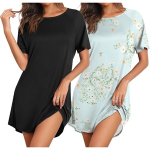 image:imageEkouaer Nightgowns for Women 2 Pack Bamboo Viscose Sleep Shirts Short Sleeve Nightshirt Comfy Sleepdress Soft SleepwearBlackGreen Daisy