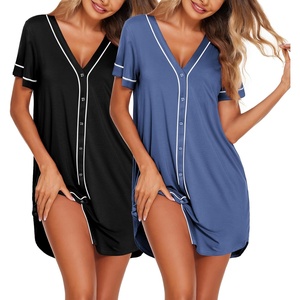 image:imageEkouaer Nightgowns for Women 2 Pack Button Down Sleep Shirts Short Sleeve Night Shirts V Neck Sleepwear Soft Pajama DressBlackNavy