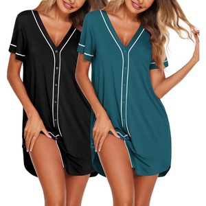 image:imageEkouaer Nightgowns for Women 2 Pack Button Down Sleep Shirts Short Sleeve Night Shirts V Neck Sleepwear Soft Pajama DressBlackPeacock Blue
