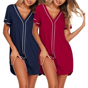 image:imageEkouaer Nightgowns for Women 2 Pack Button Down Sleep Shirts Short Sleeve Night Shirts V Neck Sleepwear Soft Pajama DressNavy BlueWine Red