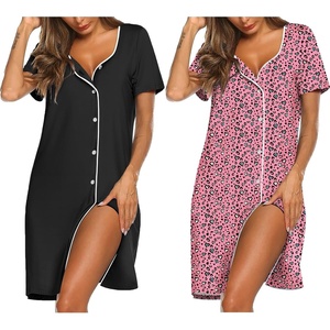image:imageEkouaer Nightgowns for Women 2 Pack Button Down Sleepshirt Short Sleeve Nightshirt Soft Sleepwear V Neck Pajama DressBlackPink White Leopard