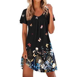 image:imageEkouaer Nightgowns for Women Short Sleeve Sleep Shirts Pleated Night Dress V Neck Night Shirts Soft House DressBlack Butterfly