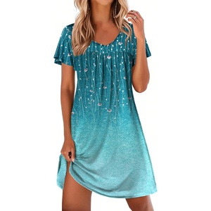 image:imageEkouaer Nightgowns for Women Short Sleeve Sleep Shirts Pleated Night Dress V Neck Night Shirts Soft House DressBlue Leaves
