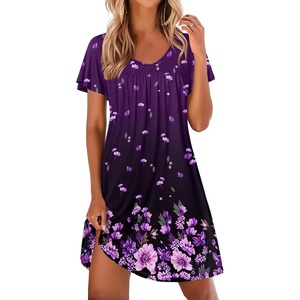 image:imageEkouaer Nightgowns for Women Short Sleeve Sleep Shirts Pleated Night Dress V Neck Night Shirts Soft House DressPurple Floral
