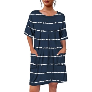 image:imageEkouaer Sleep Shirts for Women Nightgown Short Sleeves T shirt Night Dress Round Neck Womans Nightgown with Pocket SXXLBlue Stripe