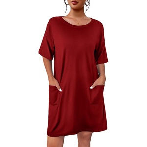 image:imageEkouaer Sleep Shirts for Women Nightgown Short Sleeves T shirt Night Dress Round Neck Womans Nightgown with Pocket SXXLWine Red