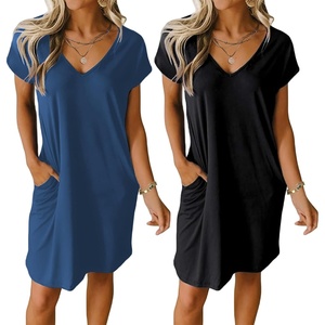 image:imageEkouaer Womens 2 Pack Nightgown V Neck Sleepshirt Short Sleeve Nightshirt PlainFloral Pajama Dress with PocketsBlack and Blue