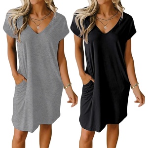 image:imageEkouaer Womens 2 Pack Nightgown V Neck Sleepshirt Short Sleeve Nightshirt PlainFloral Pajama Dress with PocketsBlack and Dark Grey