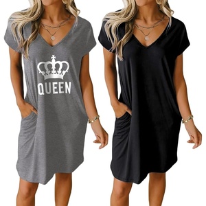 image:imageEkouaer Womens 2 Pack Nightgown V Neck Sleepshirt Short Sleeve Nightshirt PlainFloral Pajama Dress with PocketsBlack and Grey Gueen