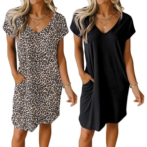 image:imageEkouaer Womens 2 Pack Nightgown V Neck Sleepshirt Short Sleeve Nightshirt PlainFloral Pajama Dress with PocketsBlack and Leopard