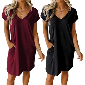image:imageEkouaer Womens 2 Pack Nightgown V Neck Sleepshirt Short Sleeve Nightshirt PlainFloral Pajama Dress with PocketsBlack and Wine Red