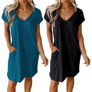 image:imageEkouaer Womens 2 Pack Nightgown V Neck Sleepshirt Short Sleeve Nightshirt PlainFloral Pajama Dress with PocketsBlackblue Green