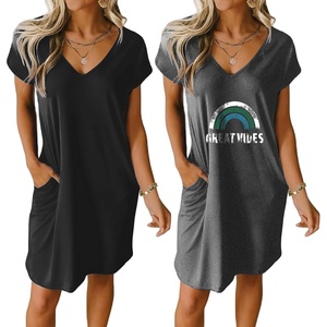 image:imageEkouaer Womens 2 Pack Nightgown V Neck Sleepshirt Short Sleeve Nightshirt PlainFloral Pajama Dress with PocketsBlackletter