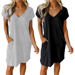 image:imageEkouaer Womens 2 Pack Nightgown V Neck Sleepshirt Short Sleeve Nightshirt PlainFloral Pajama Dress with PocketsBlacklight Gray