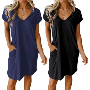 image:imageEkouaer Womens 2 Pack Nightgown V Neck Sleepshirt Short Sleeve Nightshirt PlainFloral Pajama Dress with PocketsBlacknavy Blue