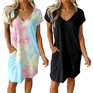 image:imageEkouaer Womens 2 Pack Nightgown V Neck Sleepshirt Short Sleeve Nightshirt PlainFloral Pajama Dress with PocketsBlackpink Tie Dye