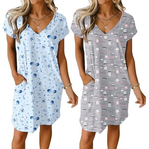 image:imageEkouaer Womens 2 Pack Nightgown V Neck Sleepshirt Short Sleeve Nightshirt PlainFloral Pajama Dress with PocketsCoffee and Star Print