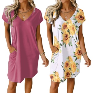 image:imageEkouaer Womens 2 Pack Nightgown V Neck Sleepshirt Short Sleeve Nightshirt PlainFloral Pajama Dress with PocketsDark Pinksunflower