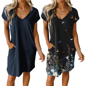 image:imageEkouaer Womens 2 Pack Nightgown V Neck Sleepshirt Short Sleeve Nightshirt PlainFloral Pajama Dress with PocketsNavy Bluebutterfly Print