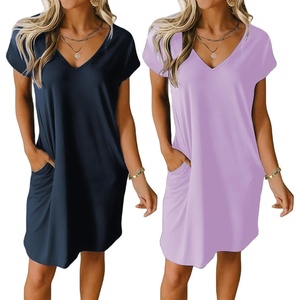image:imageEkouaer Womens 2 Pack Nightgown V Neck Sleepshirt Short Sleeve Nightshirt PlainFloral Pajama Dress with PocketsNavy Bluelilac