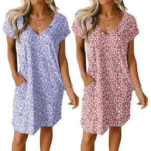 image:imageEkouaer Womens 2 Pack Nightgown V Neck Sleepshirt Short Sleeve Nightshirt PlainFloral Pajama Dress with PocketsPink Leopardpurple Dots