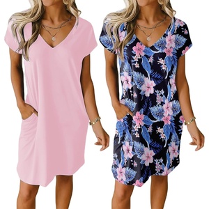 image:imageEkouaer Womens 2 Pack Nightgown V Neck Sleepshirt Short Sleeve Nightshirt PlainFloral Pajama Dress with PocketsPinkpink Floral