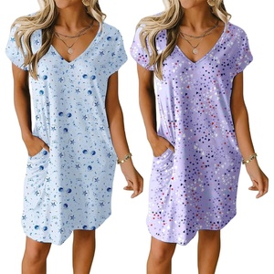 image:imageEkouaer Womens 2 Pack Nightgown V Neck Sleepshirt Short Sleeve Nightshirt PlainFloral Pajama Dress with PocketsPlanet Moonpurple Star