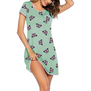 image:imageEkouaer Womens Nightgown Sleep Shirt Dress Satin Patchwork Short Sleeve Sleepwear with PocketGreen Butterfly
