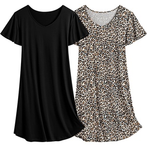 image:imageEkouaer 2 Pack Womens Nightgown Short Sleeve Nightshirts Comfy Soft Pajama Sleep DressBlack  Leopard