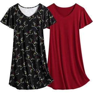 image:imageEkouaer 2 Pack Womens Nightgown Short Sleeve Nightshirts Comfy Soft Pajama Sleep DressCat Print  Wine Red