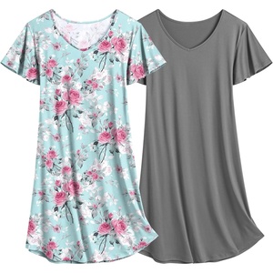 image:imageEkouaer 2 Pack Womens Nightgown Short Sleeve Nightshirts Comfy Soft Pajama Sleep DressGreyrose Print