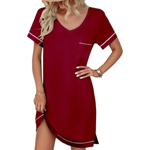image:imageEkouaer Womens Nightgowns for Women Short Sleeves V Neck Sleepwear Plus Size Sleepshirt Short Nightshirt Tshirts Dress SXXLWine Red