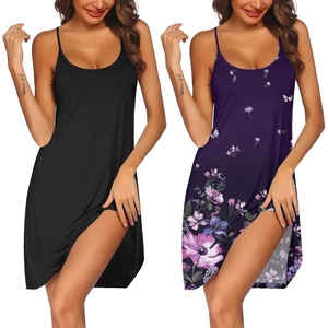 image:imageEkouaer 2 Pack Nightgown for Womens Nightshirt Sleepwear Sleep Tank Chemise Racerback Sleeveless Dress2 Pack Black  Purple Floral