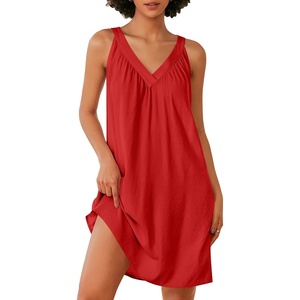 image:imageEkouaer Nightgown for Women Sleeveless Sleepwear Lightweight Racerback Sleep Shirt Pleated V Neck Night Dress Short ChemiseDark Red